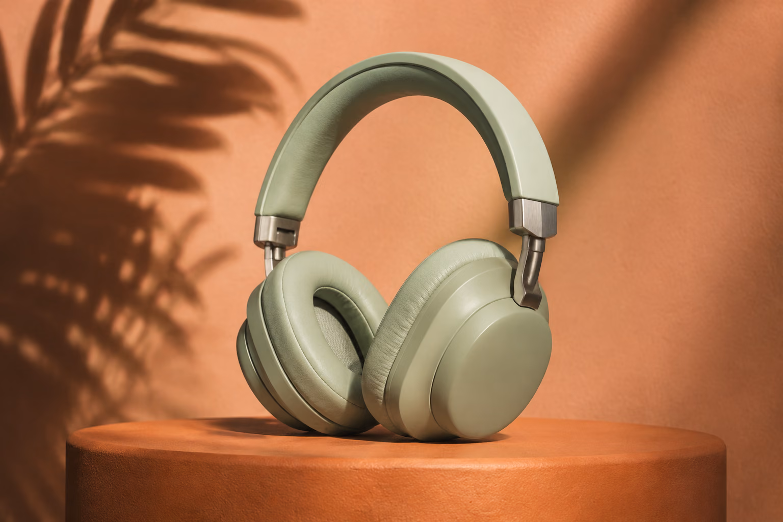 Pistachio green headphones on a terracotta pedestal, shown as a compressed AVIF sample.
